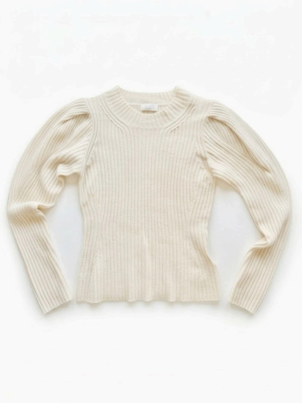 7FAM Ribbed 100% Cashmere Tuck Puff Sleeve Textured Crewneck Cream Ivory Sweater